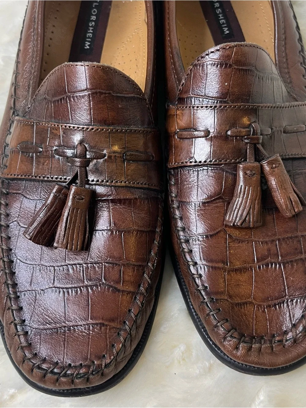 Vintage Florsheim Leather Pisa Moc Toe Tassel Crocodile Print Loafers Size 10.5B